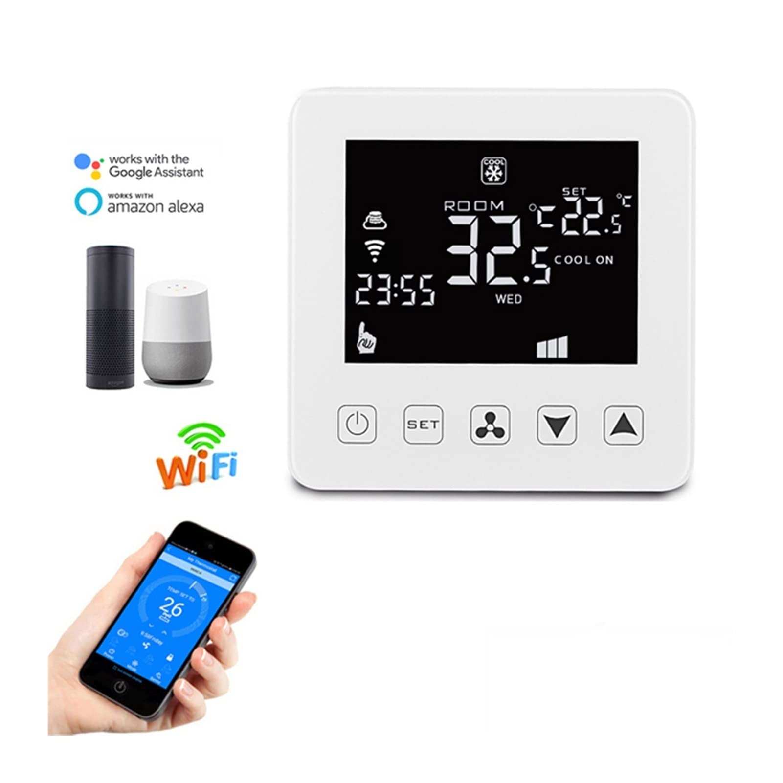Cyfrowy higrometr termometr wewnętrzny WiFi Smart Thermostat 24V dla centralnych klimatyzatorów Fcu. Wentylacja chłodzenia regulatora temperatury pokojowej Z wyświetlaczem LCD(Green)