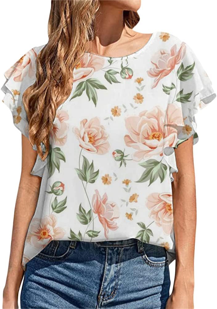 Onsoyours Camicetta da Donna a Maniche Corte con Scollo a V Floreale in Chiffon Tunica Camicette Top Camicie Boho Camicia Casual con Stampa Casual per Il Tempo Libero Top A Amarillo S