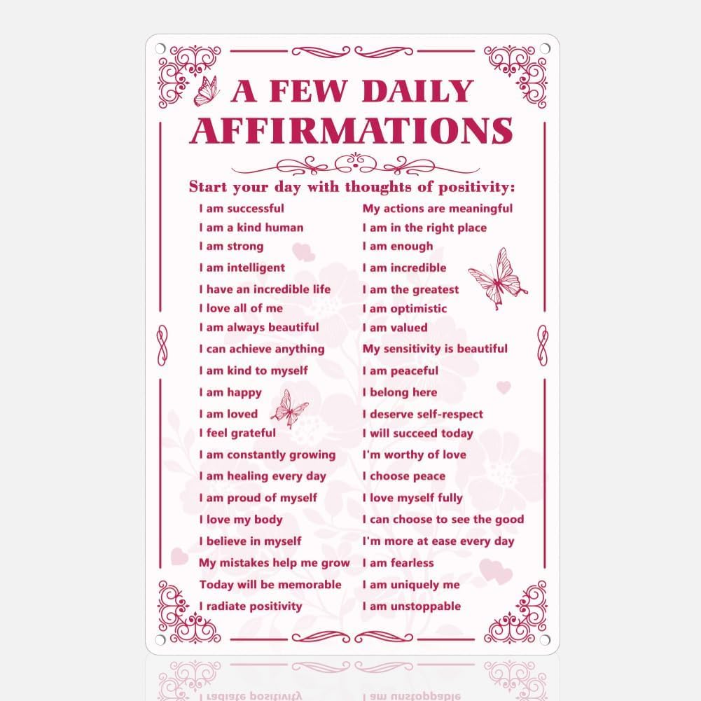 SMAZDFXX A Few Daily Affirmations Sign Pink Aesthetic Decor Metal Tin Signs Motivational Vintage Art Poster for Home Bedroom Coffee Room She Shed 5.5"x8"