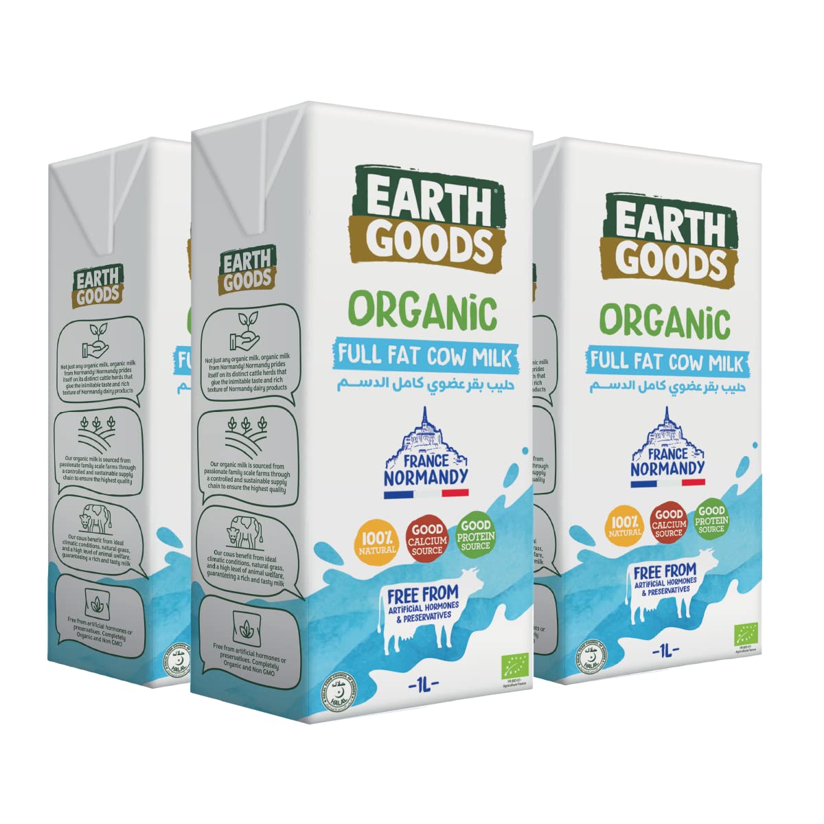 Earth Goods - Organic Milk Full Fat Cows Milk All Natural Good Source of Protein Calcium - 1 Litre Each - Pack of 4