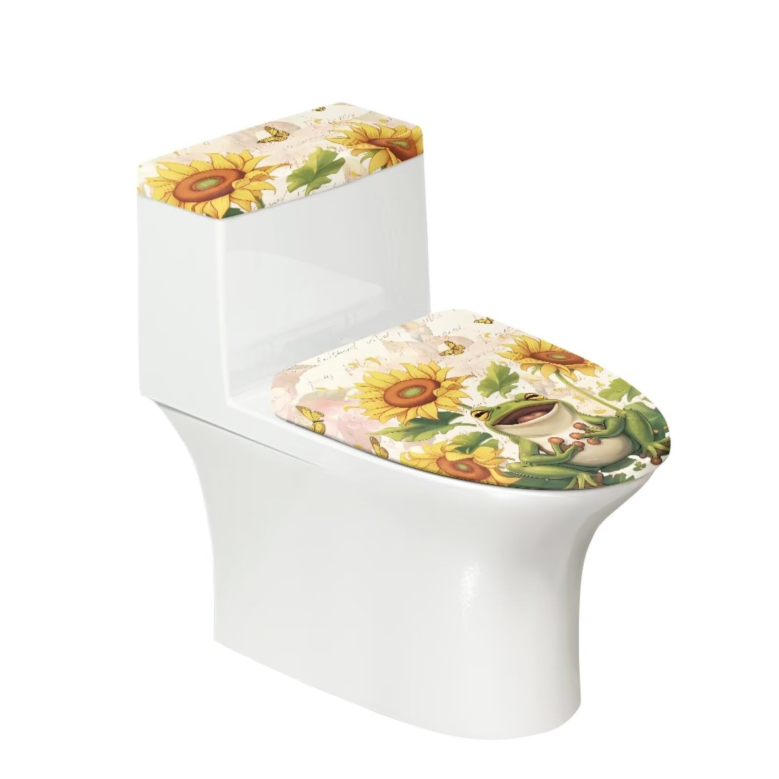 Suhoaziia Cute Frog Sunflowers Bathroom Toilet Lid Tank Cover Set of 2 Pieces Washable Soft Toilet Tank Replacement Cover with Elastic Edges for Home Bathroom Restroom Toilet Decor