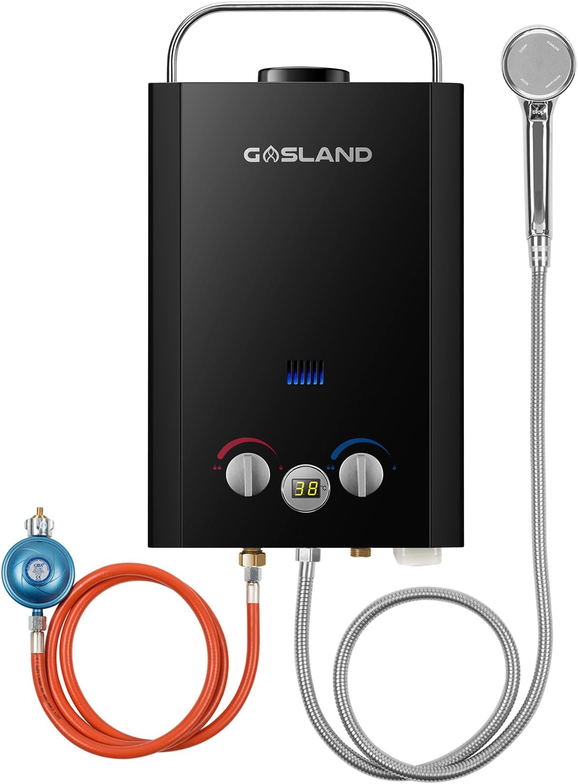 Outdoor Tankless Gas Water Heater with Rain Cap, CE Certified BE158B 6L Hot Shower System, Portable Instant Water Heater for Camping Road Trip, Black