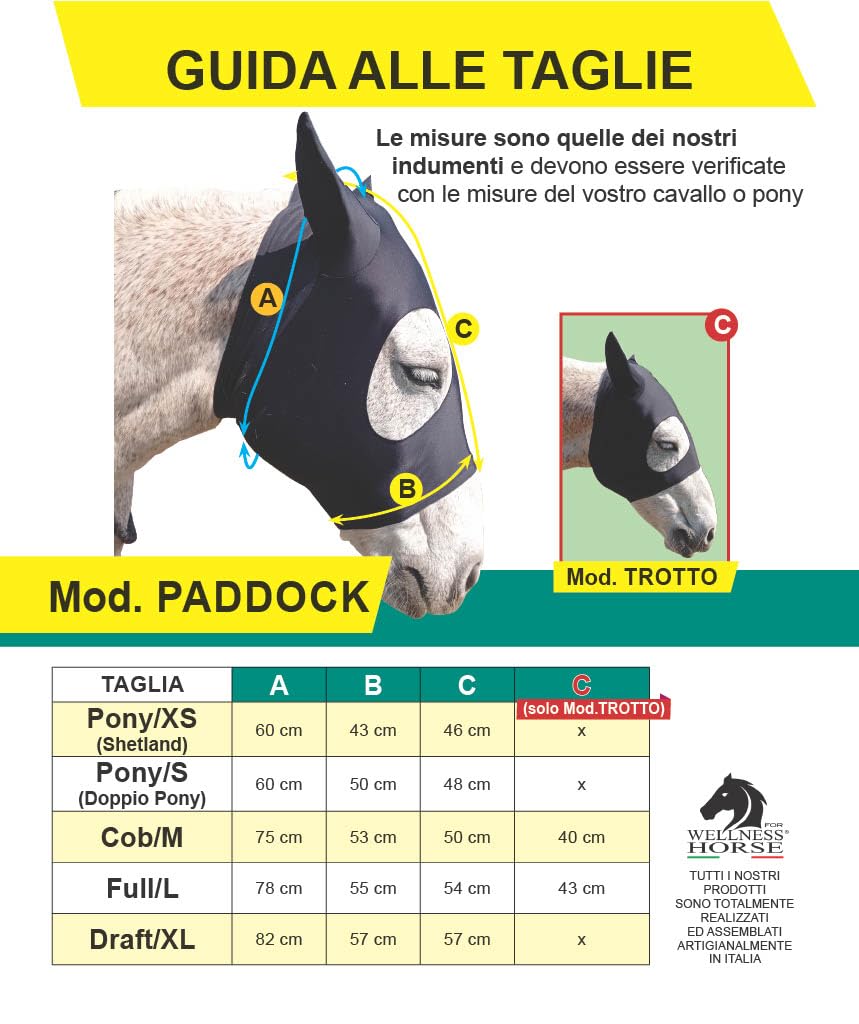 Maschera Anti Mosche Cavallo Personalizzabile con Nome in STRASS o BORCHIE – Lycra Elasticizzata con Orecchie – Mod. Paddock – 100% Made in Italy - COB/M