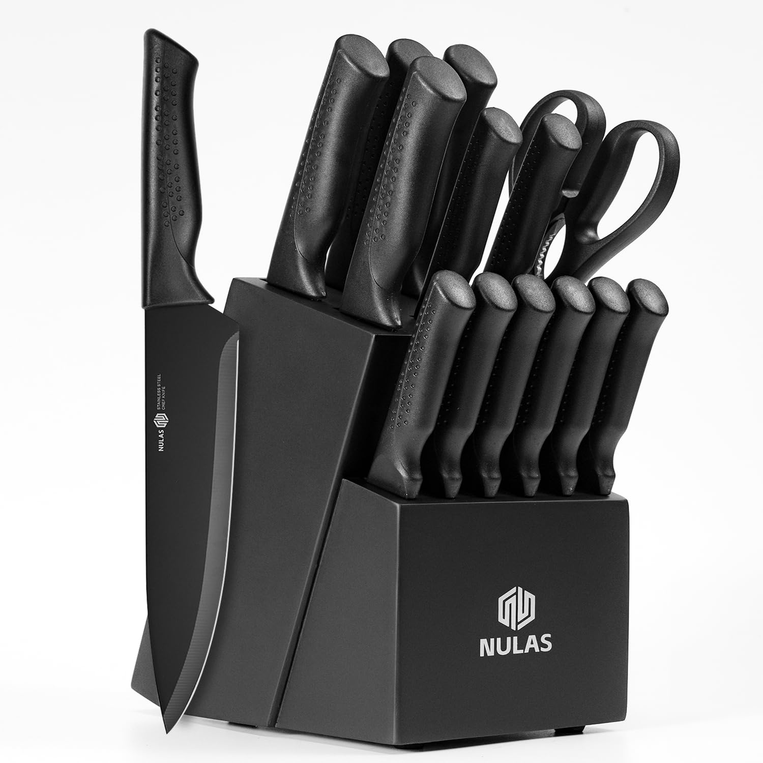 Knife Set, 15 Piece Kitchen Set With Block, Self Sharpening, Dishwasher Safe, 6 Steak Knives, Anti-slip Handle, Black