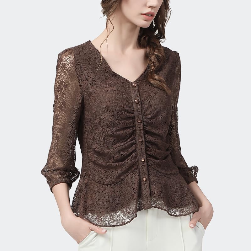 Nylon Sexy évider Femmes Dentelle Hauts été Mince col en v Sept Manches Chemises Vintage Floral Marron Haut (Noir S)