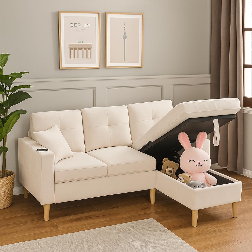 Merax Ecksofa mit Schlaffunktion, Bettkasten & Stauraum – Schlafcouch mit Getränkehalter und Seitentaschen – modernes L-Sofa für Wohnzimmer & Gästezimmer