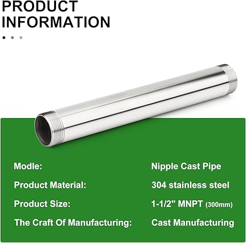 Miniatura 496 de TAISHER 2 accesorios de tubería de acero inoxidable, 1/2 "NPT x 1/2" NPT macho roscado, tubo fundido de pezón de 6 pulgadas de longitud 1.969 in