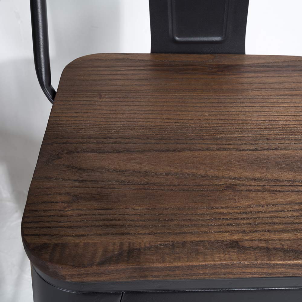 KOSMI.FR - Conjunto de 4 sillas de Bar Industrial Negro Mate con Asiento de Madera Oscura y Respaldo de 66 cm de Alto