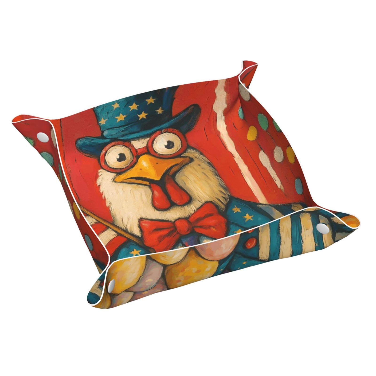 HLBSDM Funny American Rooster Holding Colorful Eggs Tray Men's Leather Valet Parking Portable Entrance Trays Bedside Storage Box