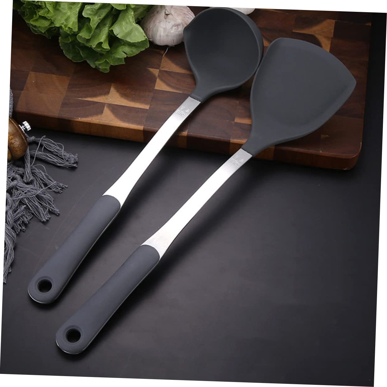 1 Set Pfannenwender, Haushaltswerkzeuge, Pfannenwender, Silikon-Küchenutensilien, Silikon-Wokwender, Wok-Utensilien, Ölschöpfkelle, Löffel, Spatel, Kochutensilien (schwarz, 37 x 9,5 x 5 cm)