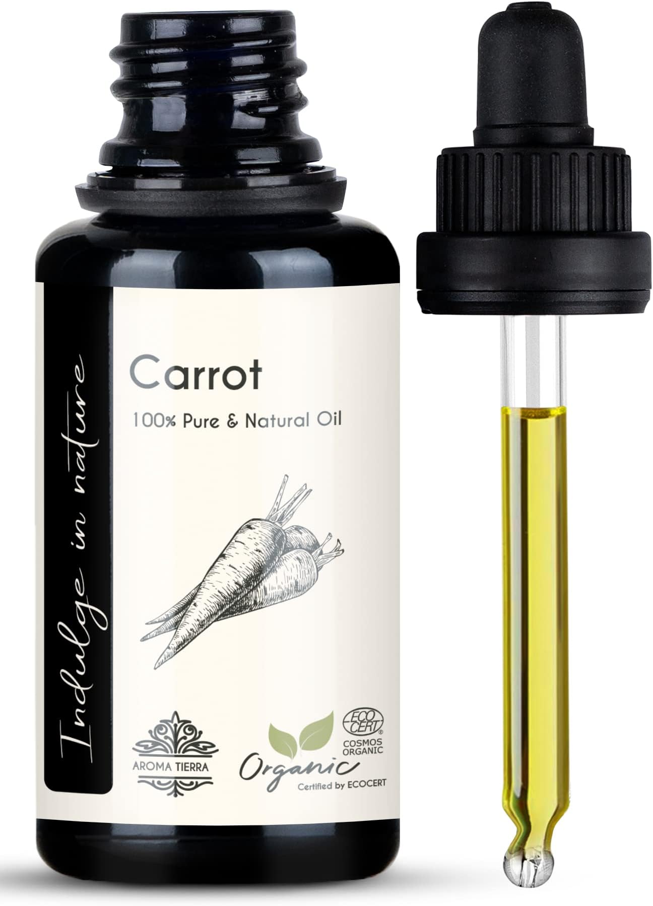 Aroma Tierra Carrot Oil (Certified Organic) - - Rejuvenates dull skin, Fades scars, Anti-ageing, Face, Hair care - 30ml