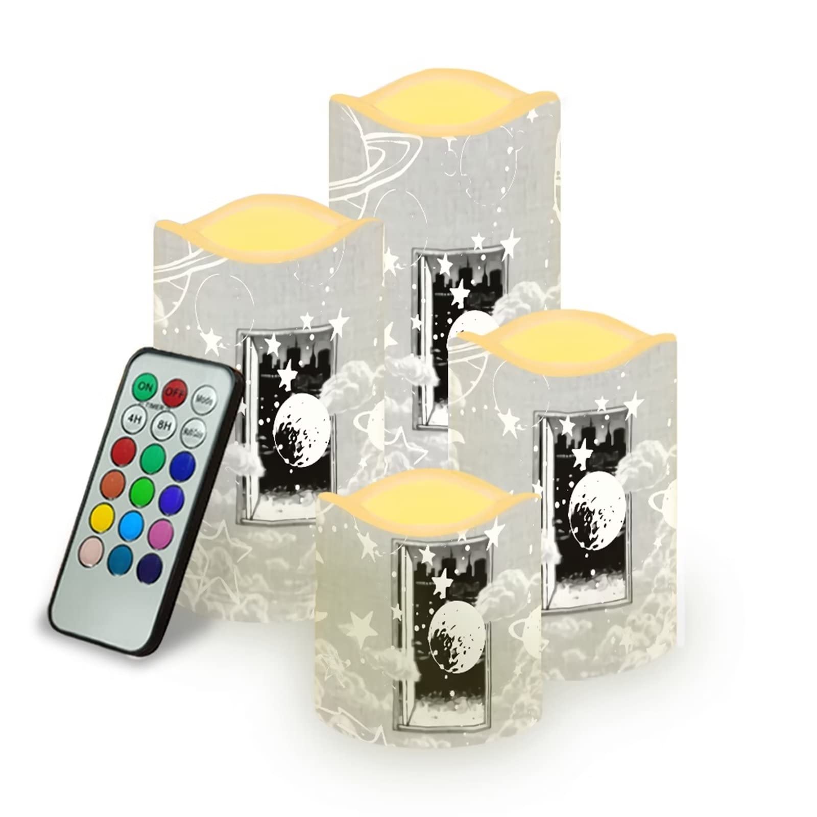 Moon and Start - Candele senza fiamma, con pilastri in vera cera a LED e telecomando a 18 tasti, alimentato a batteria, con timer, confezione da 4