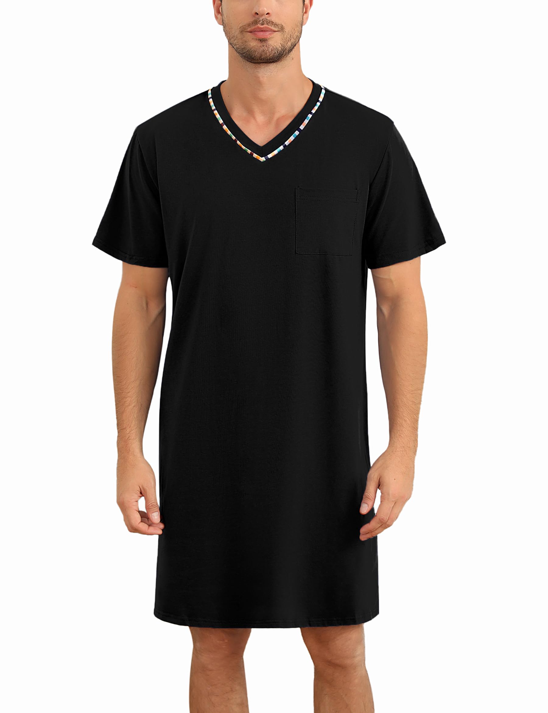 Demegimi Camicia da Notte da Uomo Estivo Pigiama Lungo Top in Cotone Pigiama da Uomo e Scollo a V Maniche Corte Abbigliamento da Notte Cotone