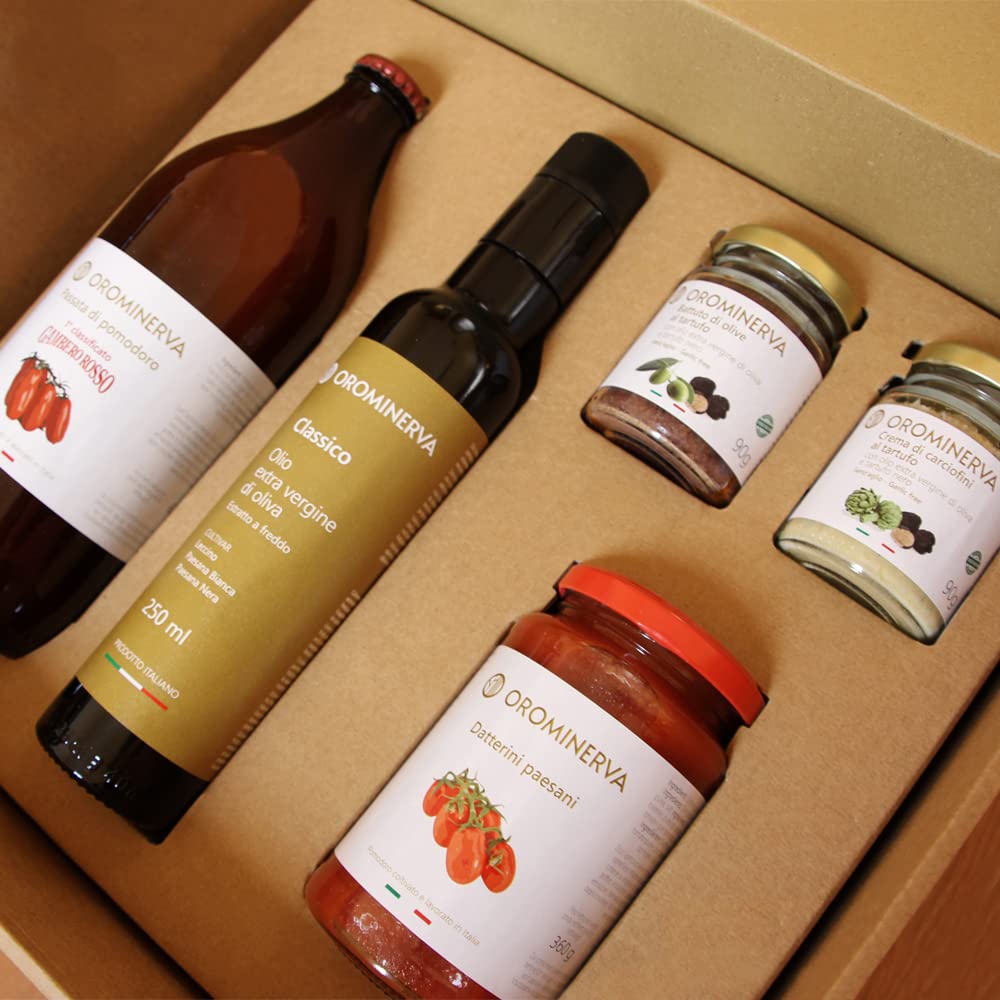 OROMINERVA - Box Passione al tartufo - Confezione regalo alimentare con prodotti tipici, specialità italiane: olio EVO, creme al tartufo nero, passata di pomodoro