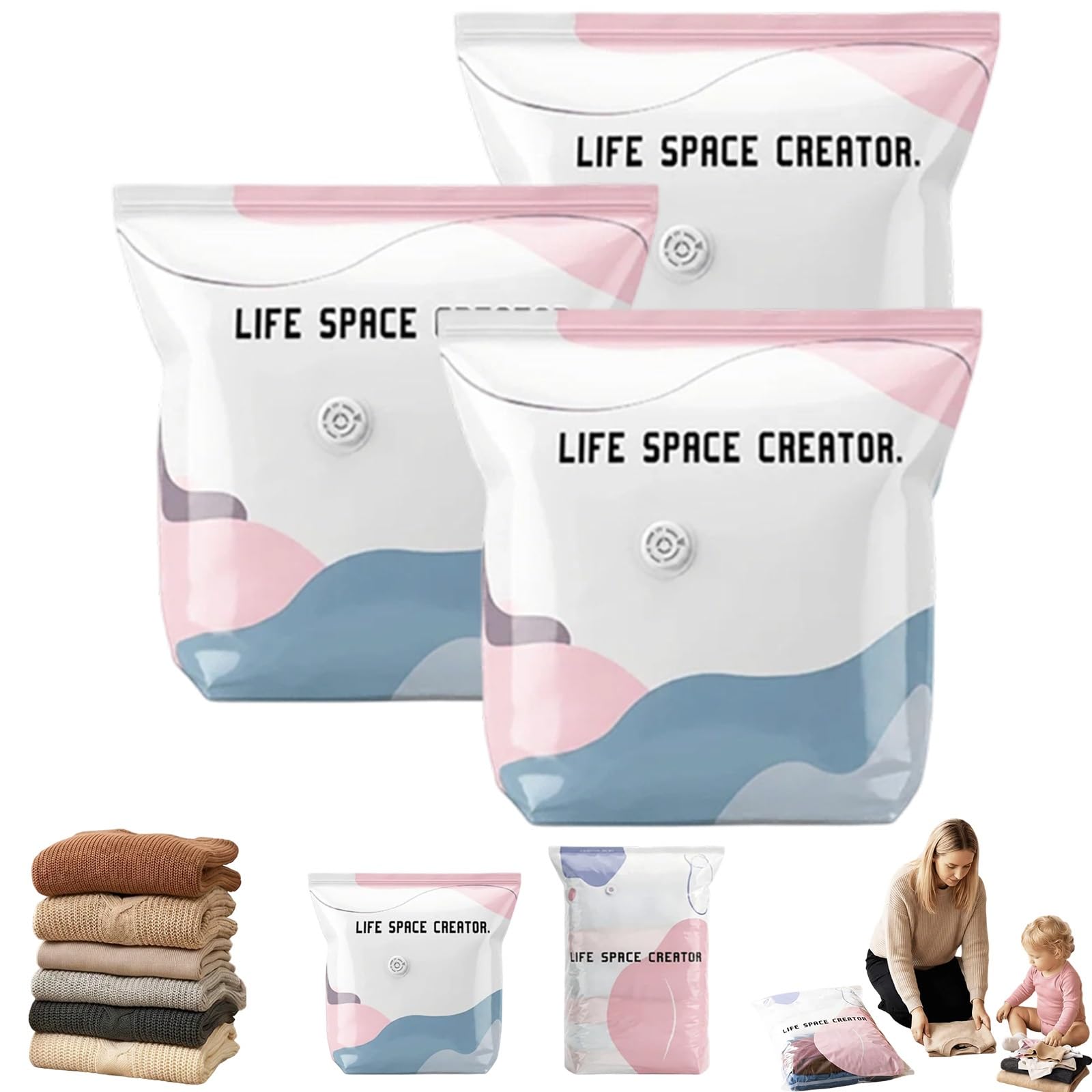 3D Vacuum Storage Bags Without Pump, Vacuum Bags for Clothes Travel, Space Saving Compression Bags Without Pump for Clothes Duvets Pillows, Reusable(D)