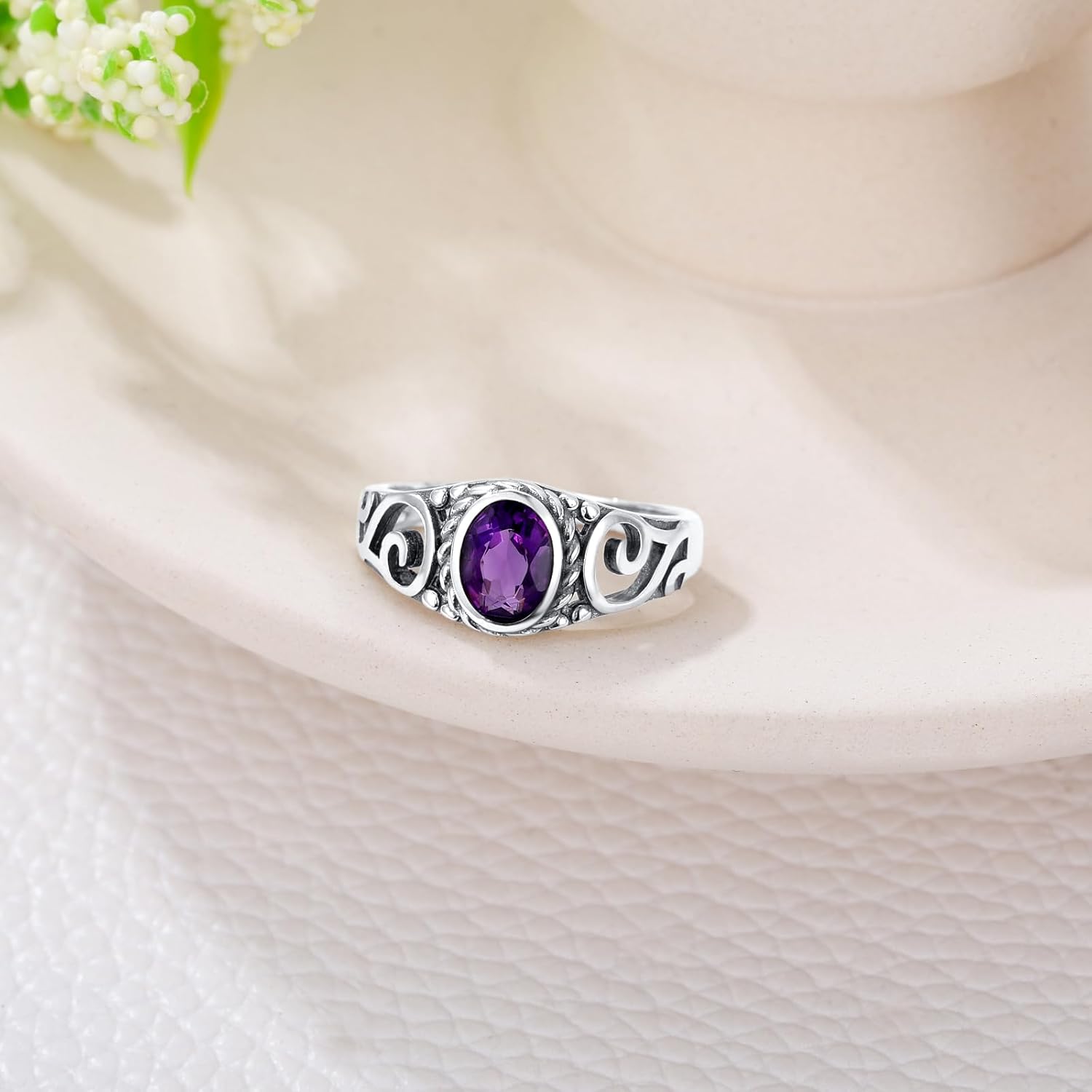 Amethyst Engagement Rings for Women Sterling Silver 7x5 MM Oval Shaped Gemstone Filigree Rings Vintage Western Jewelry Birthday Gifts Size 4-11 - Image 5