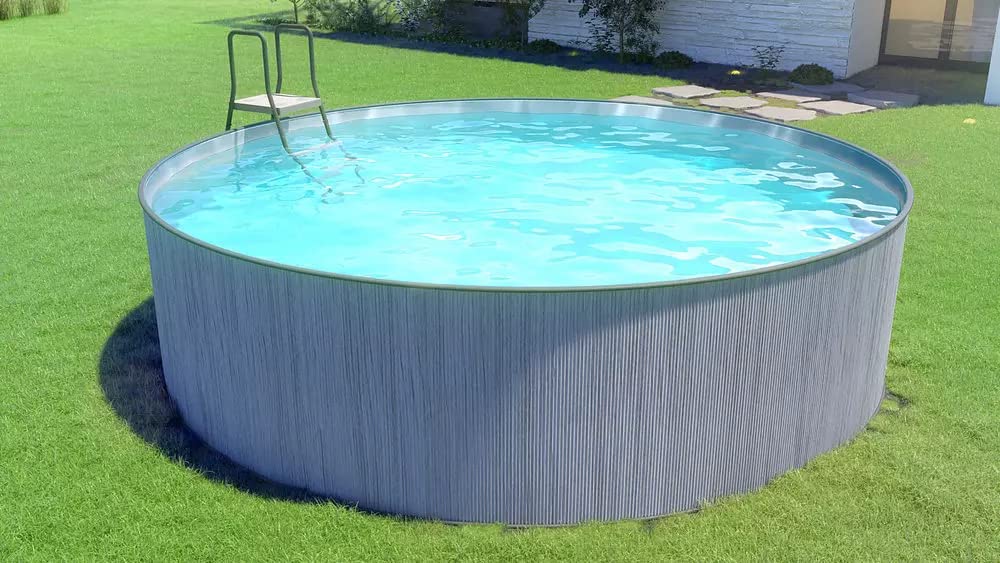 Steinbach New Splasher Secure 011002G Piscine à paroi en Acier Ø 350 x 90 m Piscine Ronde Aspect Bois Gris foncé et Film intérieur Gris pour jusqu'à 7 800 l d'eau avec système de Filtration à