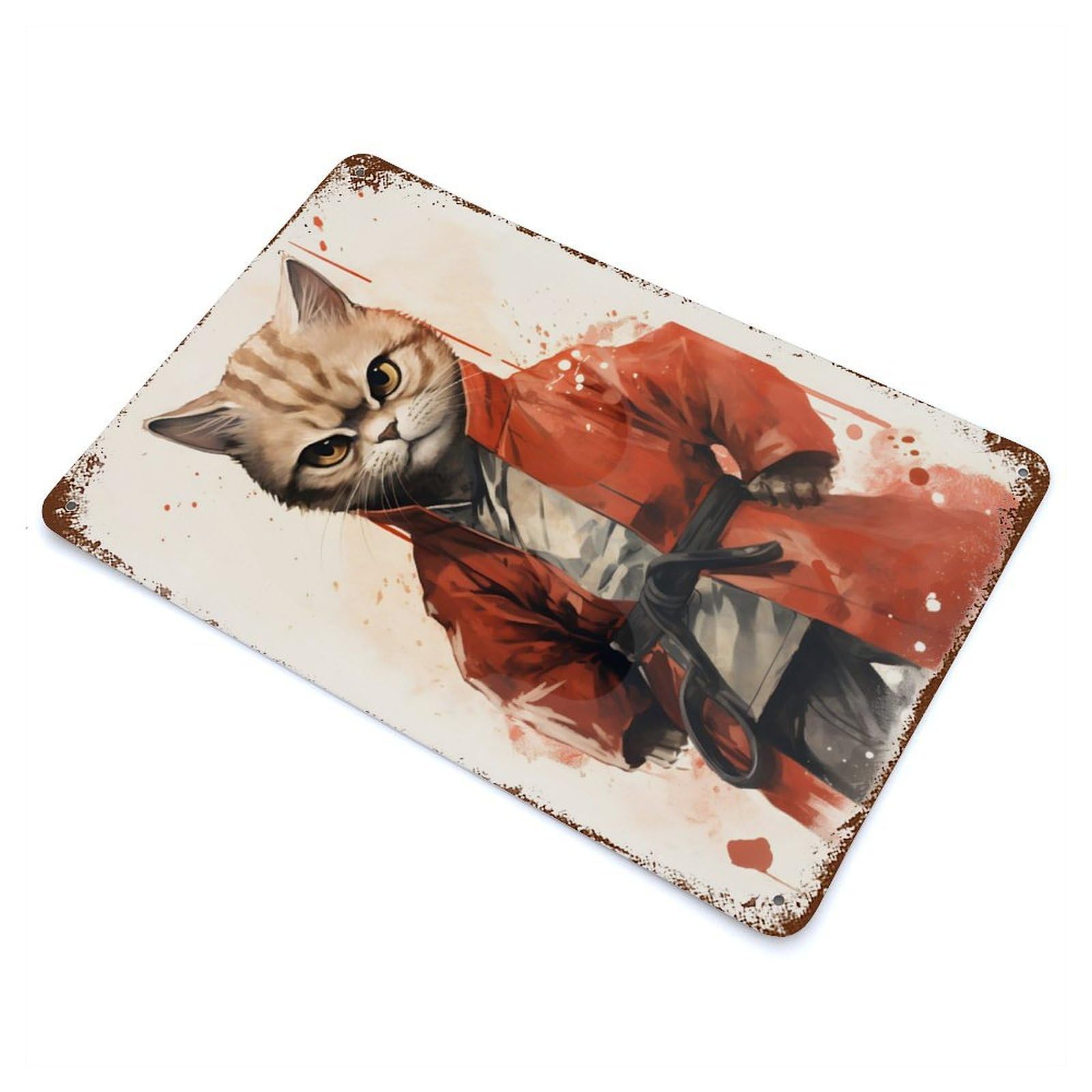 Distressed Metal Wall Sign with Karate Cat in Uniform Design 11.8"x7.9", for Living Room, Hallway And Home Decor, Vintage Wall Decor