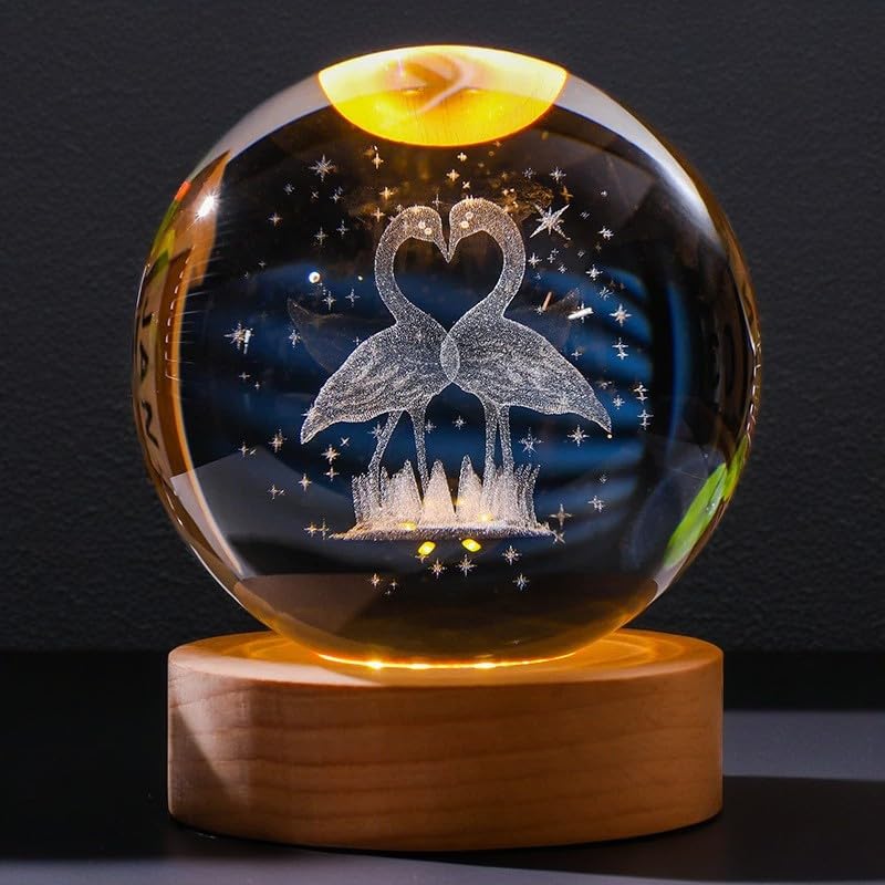 TINGMEIBESTLY 3D Crystal Ball Night Light,80MM Animals Glass Ball Night Lamp with Woodern Base,Decorations Gifts for Men,Women,Kids,Boys,Girls,Teens (Swan)