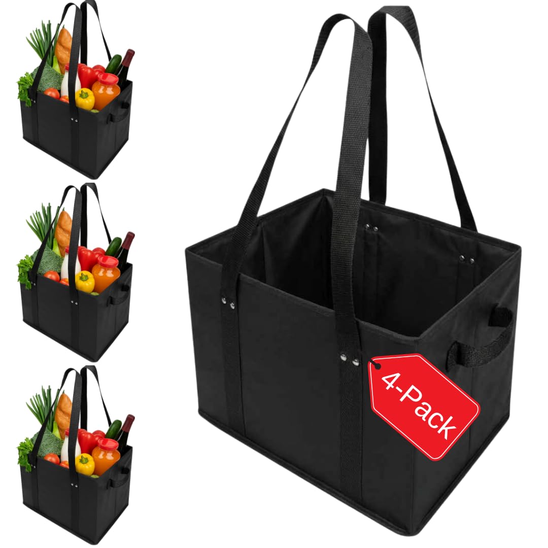 4pk Reusable Grocery Bags Shopping Bags Tote Box Large Heavy Duty Groceries Bag Handles Foldable Reinforced Bottom (Black)