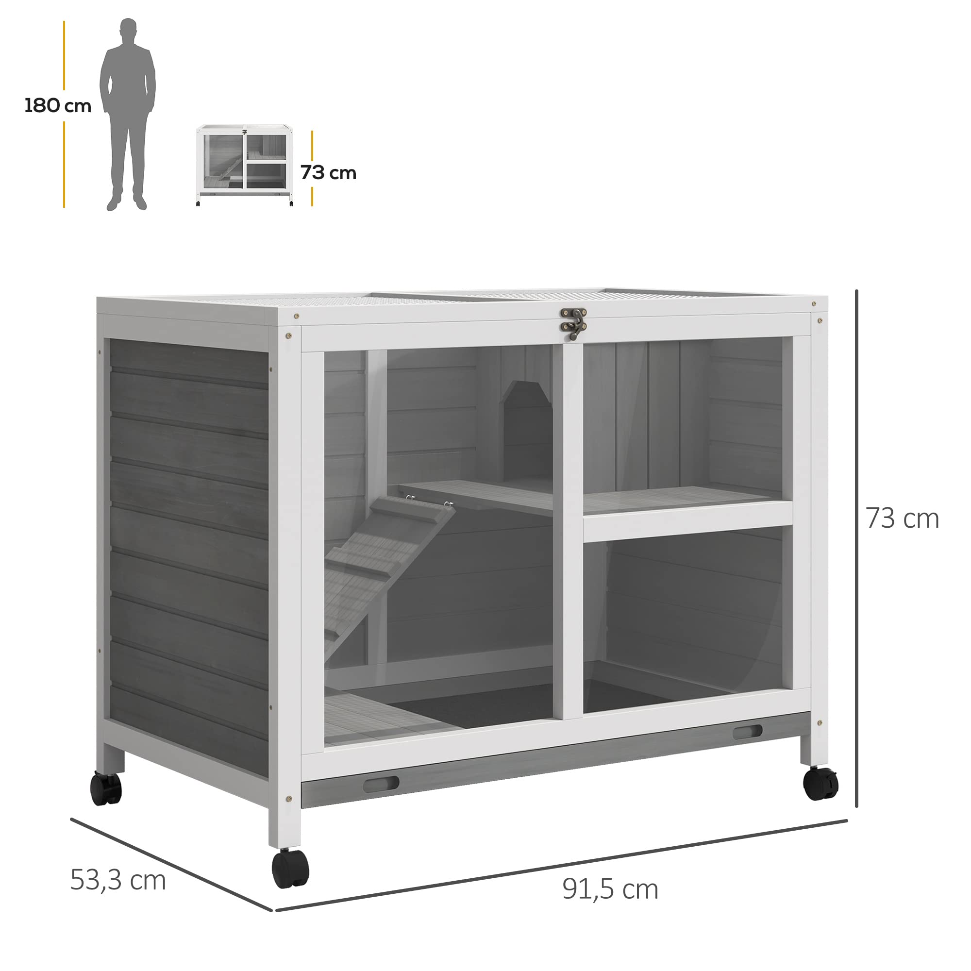 PawHut Kaninchenstall aus Holz 2 Etagen für Innen 91,5 x 53,3 x 73 cm Grau | Freilaufgehege, Rädern, Klappdach, Rampe, Tablett, Winterfest, Meerschweinchenstall, Indoor Kleintierstall, Kaninchenkäfig
