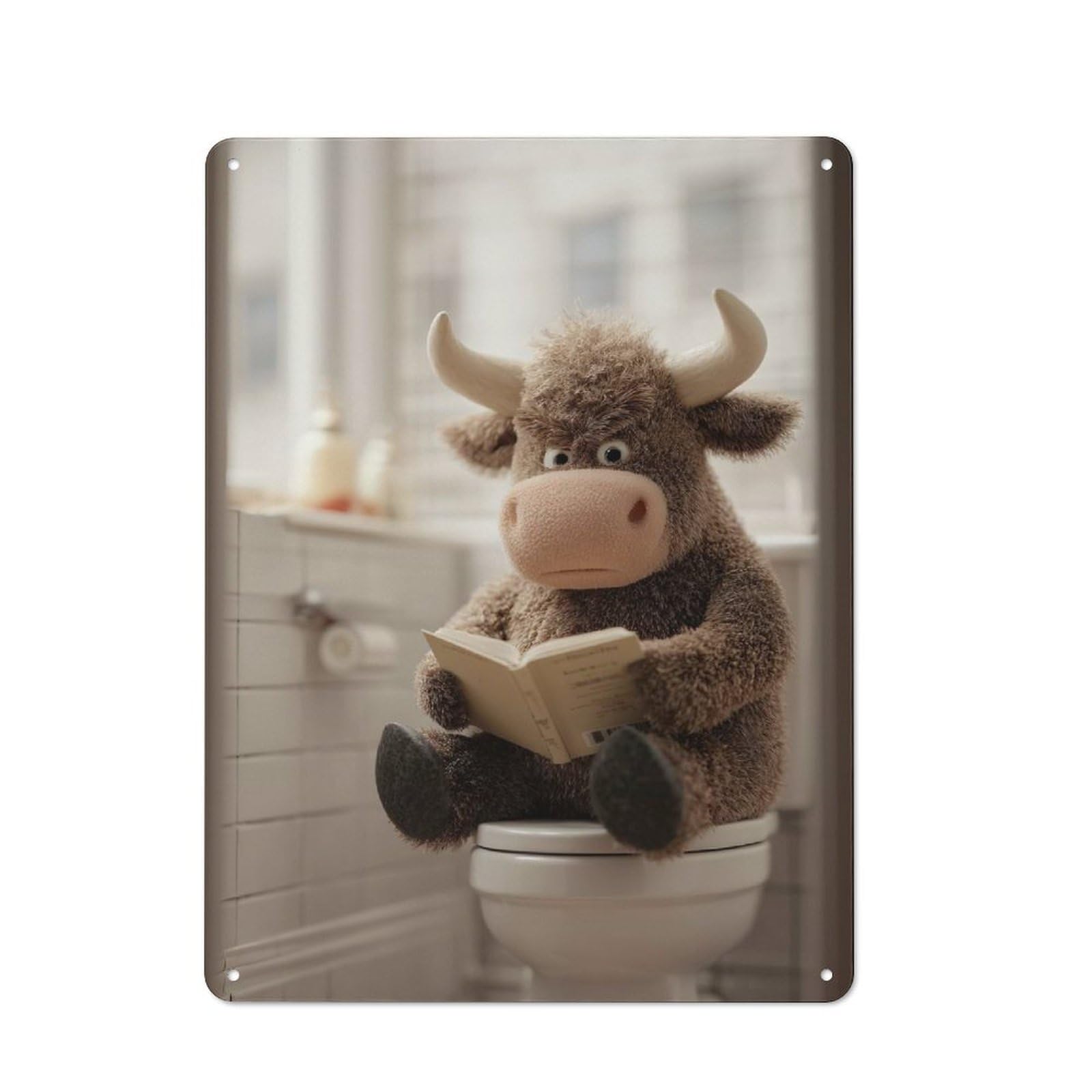 Junmoney Style-7 Vintage Metal Sign 40X30cm Featuring Plush Bull Reading On Toilet For Pub Or Café, Wall Decor For People Reorganising Pub And Café