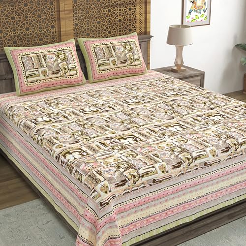 Image of BLOCKS OF INDIA Hand Block Printed 300 TC Cotton Super King Size Bedsheet(106 x 106) (Brush Green)