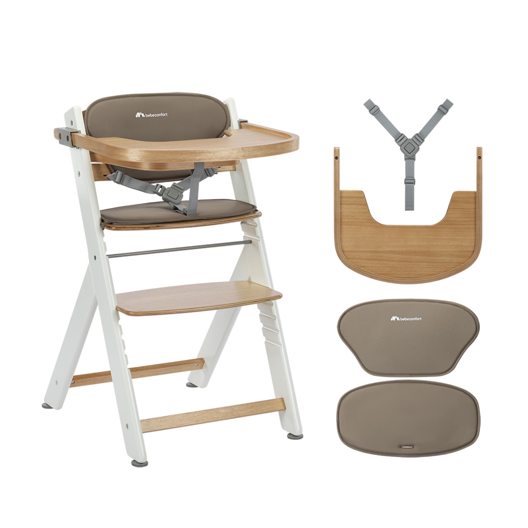 Bebeconfort Timba 2 con Cuscino, Seggiolone Pappa Evolutivo in Legno, 6+ Mesi, Fino a 110 kg, Sedia Evolutiva Ergonomica, Regolabile in Altezza, Vassoio Amovibile, Natural Wood + Cuscino