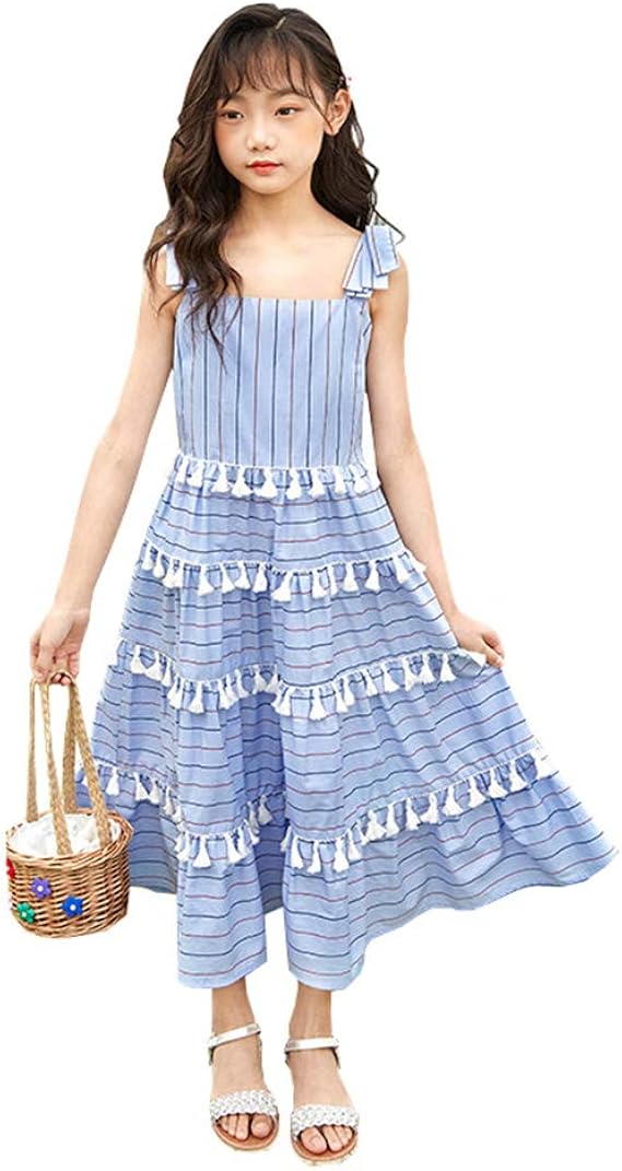 Amazon Jktown ガールズ キッズ ワンピース オールインワン ロング丈 ミモレスカート ノースリーブ サスペンダー ストライプ ボーダー フリンジ チュニック フレアー 大きいサイズ 110 165cm 夏 ブルー 150 ワンピース チュニック 通販