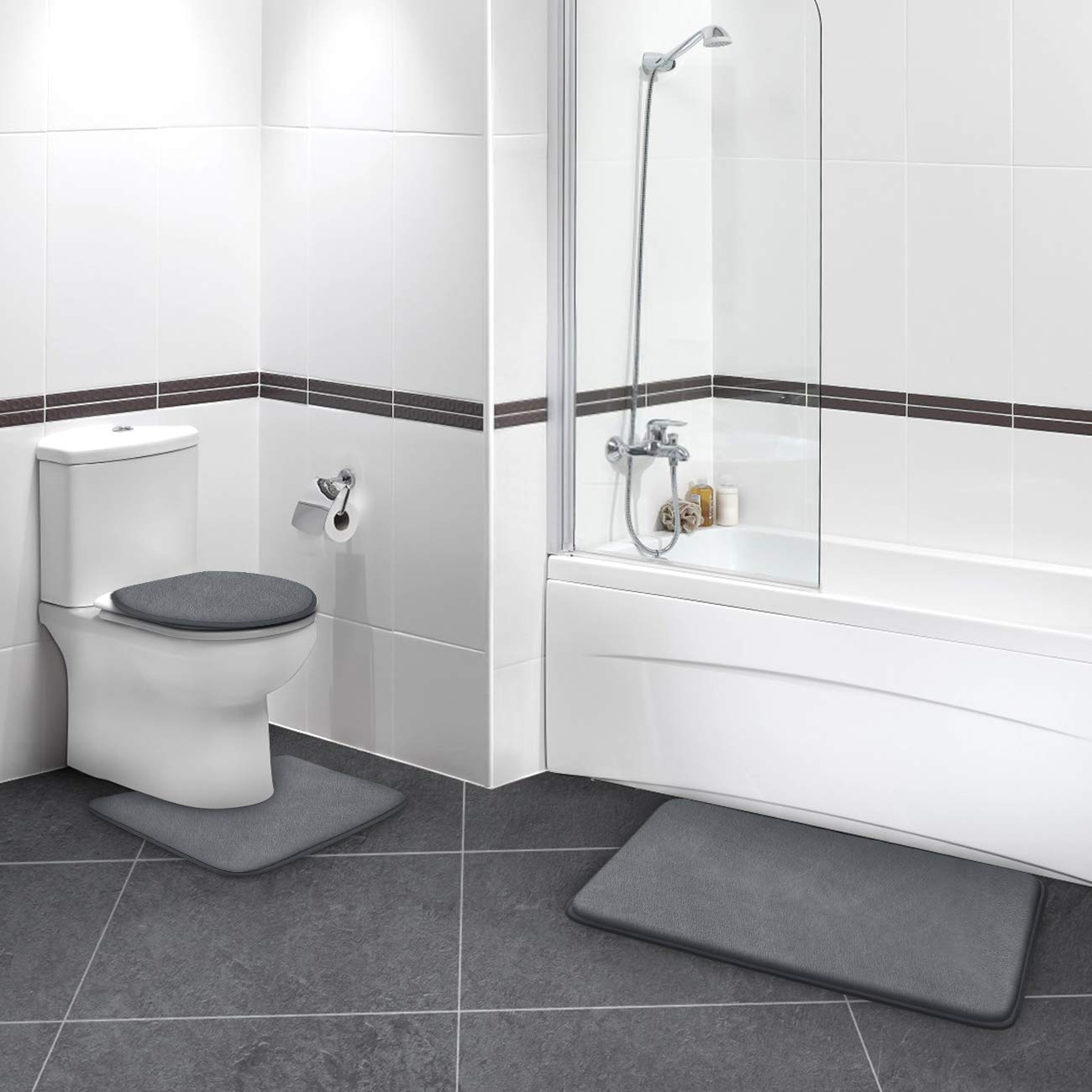 Juego de 3 alfombrillas de baño de espuma viscoelástica, alfombrillas antideslizantes y absorbentes, 20 x 31 pulgadas, alfombra de contorno en forma de U de 20 x 22 pulgadas, cubierta de tapa de inodoro para bañera, ducha y baño, color gris 7