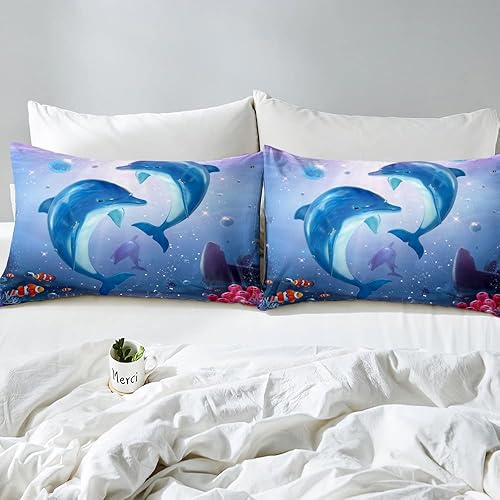 Miniatura 3 de Edredón de plumón de delfín para niños, juego de edredón del mundo submarino, juego de ropa de cama coral de peces dorados, tamaño individual para