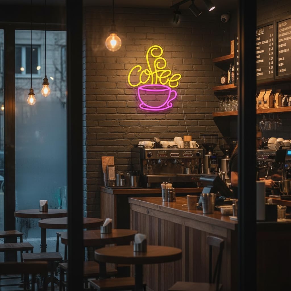 Coffee Neon Sign for Coffee Bar Decor, Dimmable Pink&Yellow Neon Lights for Kitchen, Cofe Station, Bar Area, Café, Lounge or Shop, USB Powered Retro LED Wall Decor Aesthetic for Home Decor