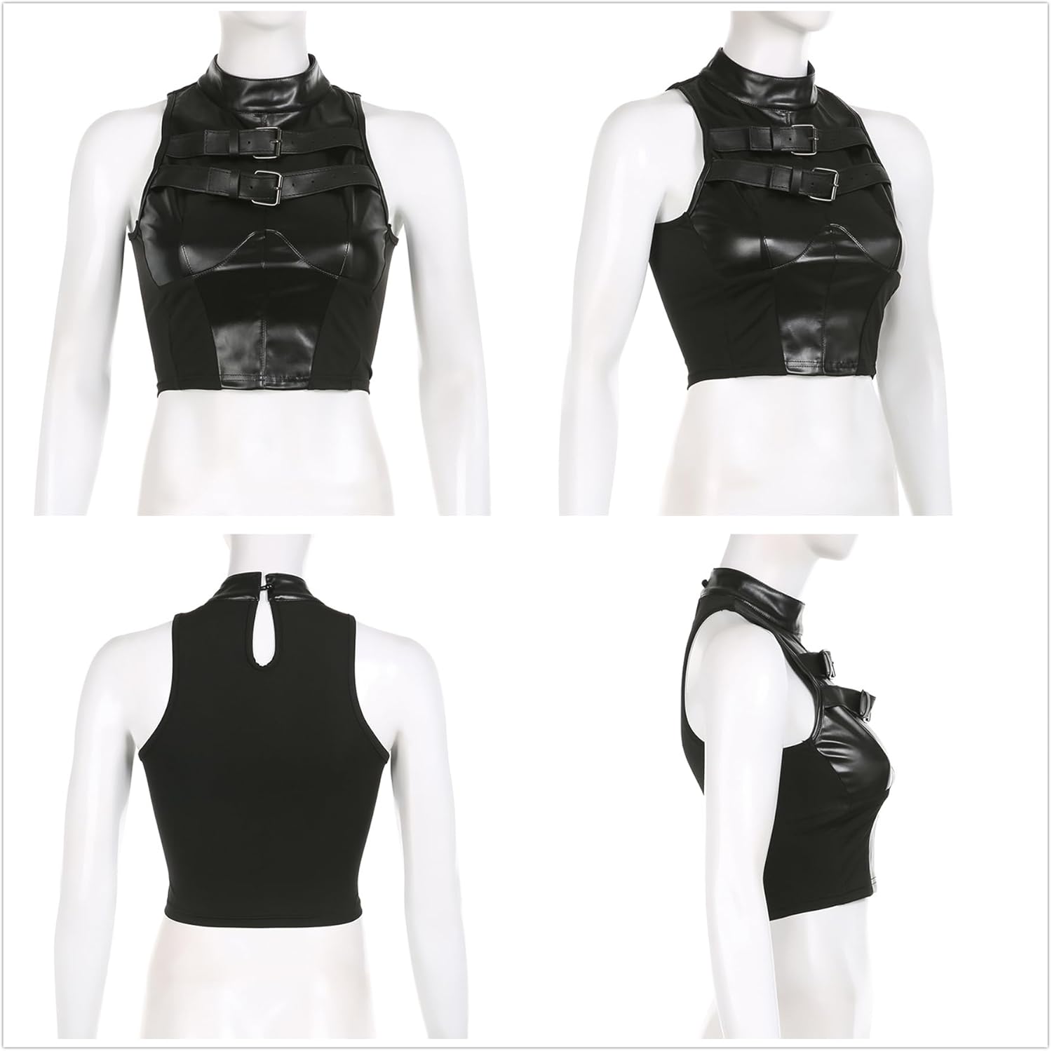 Women's Faux Leather Y2K Tank Top High Neck Front Buckle Punk Slim Fit Bandeau Crop Tops Bustier - Image 4