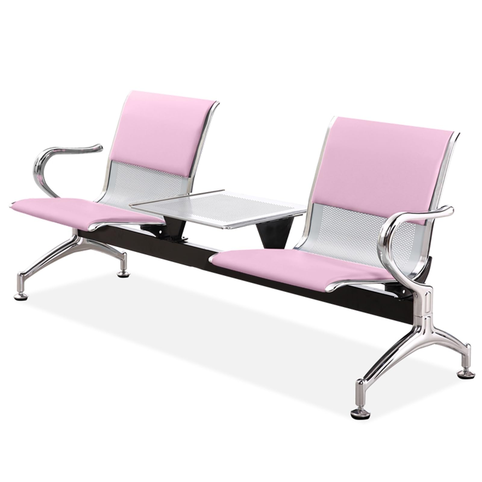 ASerZenith Reception Bench With Table, Office Guest Chair With Armrest And Backrest, Leather Upholstered Seating For Business Environments,Pink