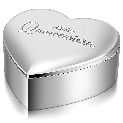 Chunful Quinceanera Gifts for Girls Heart Jewelry Keepsake Box Small Trinket Crown Box 15 Años Quinceañeras 15th Birthday Gift for Quinceanera Gifts Silver Toned with Engraved Message