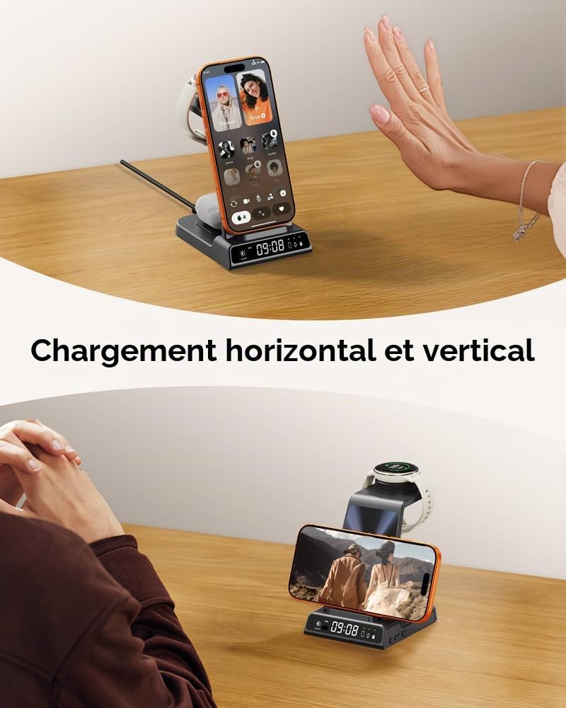 3 en 1 Chargeur pour Montre Garmin Venu Fenix Forerunner Vivoactive CIRQA | Station de Charge pour iPhone 17/Air, pour Samsung Z Flip 8/S26, Support Chargeur pour Garmin, avec Horloge, Sans Adaptateur