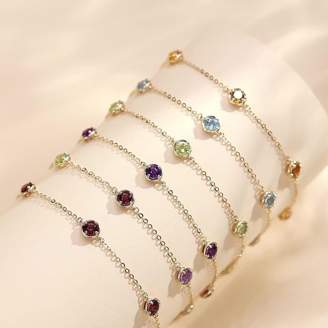 FANCIME Solide 14 Karat 585 Gelb Gold Armband mit Natürlichem Peridot Citrin Topas Granat Amethyst für Damen Mädchen - Armbandlänge: 17 + 3 cm