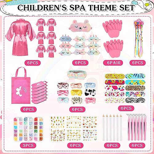 Suhine 6 Sets Girls Spa Birthady Party Supplies Birthday Print Satin Robe Tote Bags Spa Kit Nail Salon Kit(Pink)2