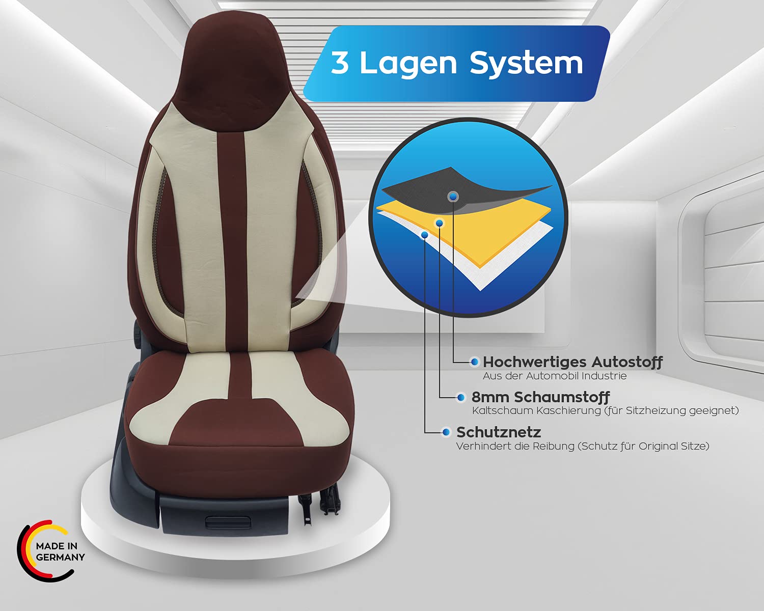 Set di coprisedili per sedile pilota e passeggero compatibili con camper FIAT Ducato, Pössl, Knaus, Adria, Carthago, Pilote Laika WPL412 beige/marrone