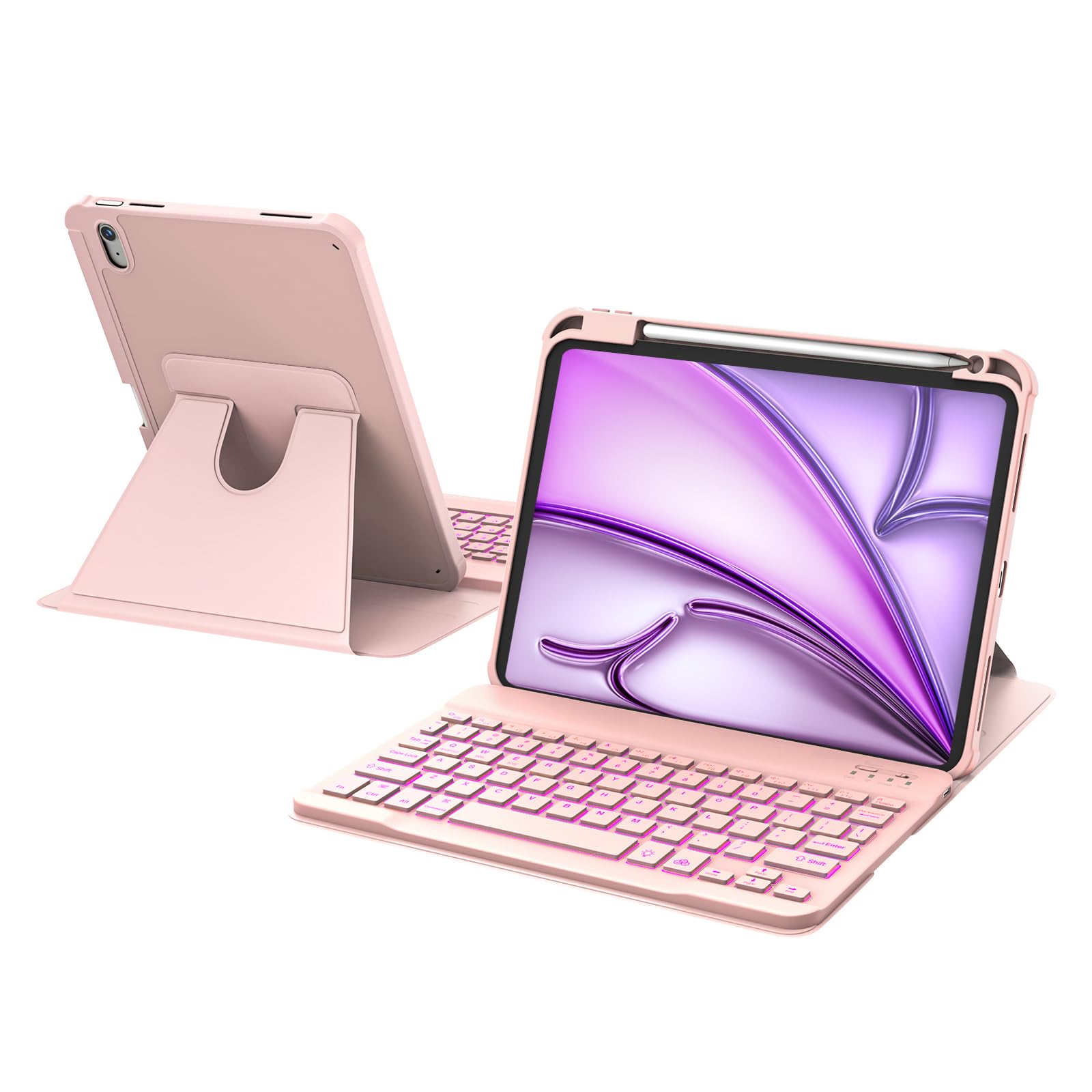 RAYMCRAFT for iPad Air 11 inch Case with Keyboard M3/M2 (2025/2024), 360° Rotatable Case & Detachable Wireless Keyboard, 7-Color Backlight, Precision Cutouts and Pen Holder for iPad Air 11-inch, Pink