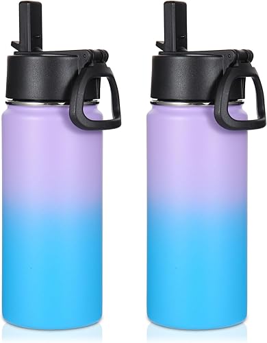 Volhoply Paquete de 2 botellas de agua para niños de 16 onzas, botellas deportivas aisladas con tapa con pajilla, botella de acero inoxidable con