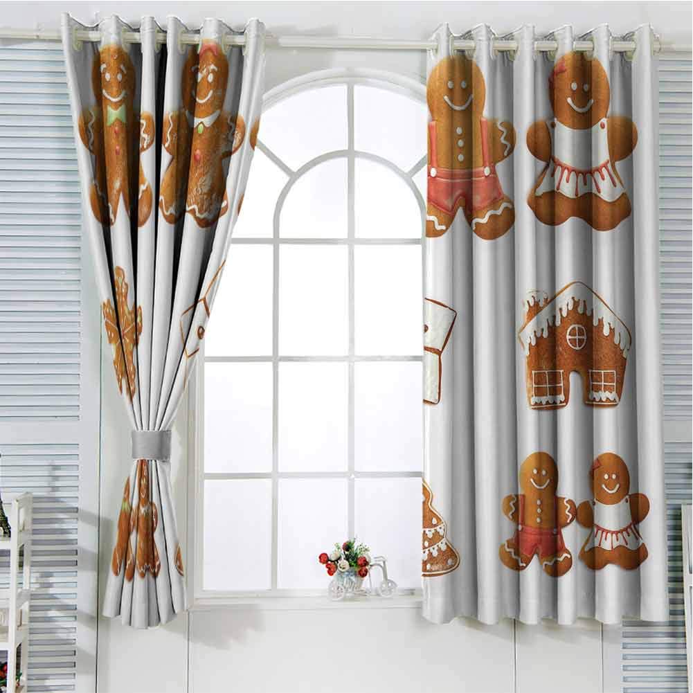Ford Mackintosh Gingerbread Man Grommet Curtains 55 Inch Lenght, Light Brown White Lush Decor Curtains 63x55 Inch Vivid Cute Christmas Gingerbread Biscuits Set Snowflake House Tree Girl Nursery Decor