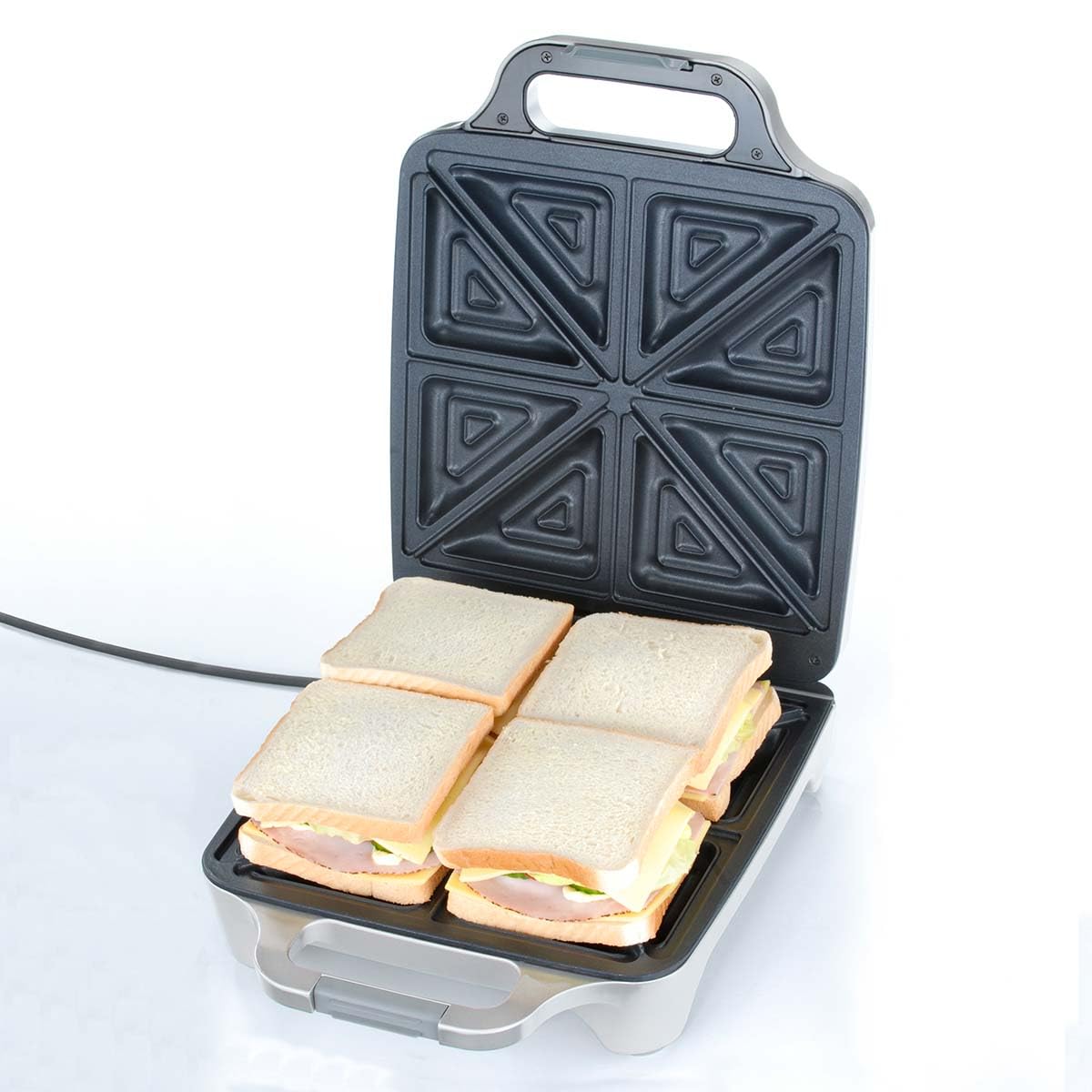 Cloer 6269 Tostiera XXL per Sandwich/Tramezzini, Toast Americano per Farciture XXL, per 8 tramezzini alla volta, 1800 W, spia di cottura, rivestimento antiaderente, color argento
