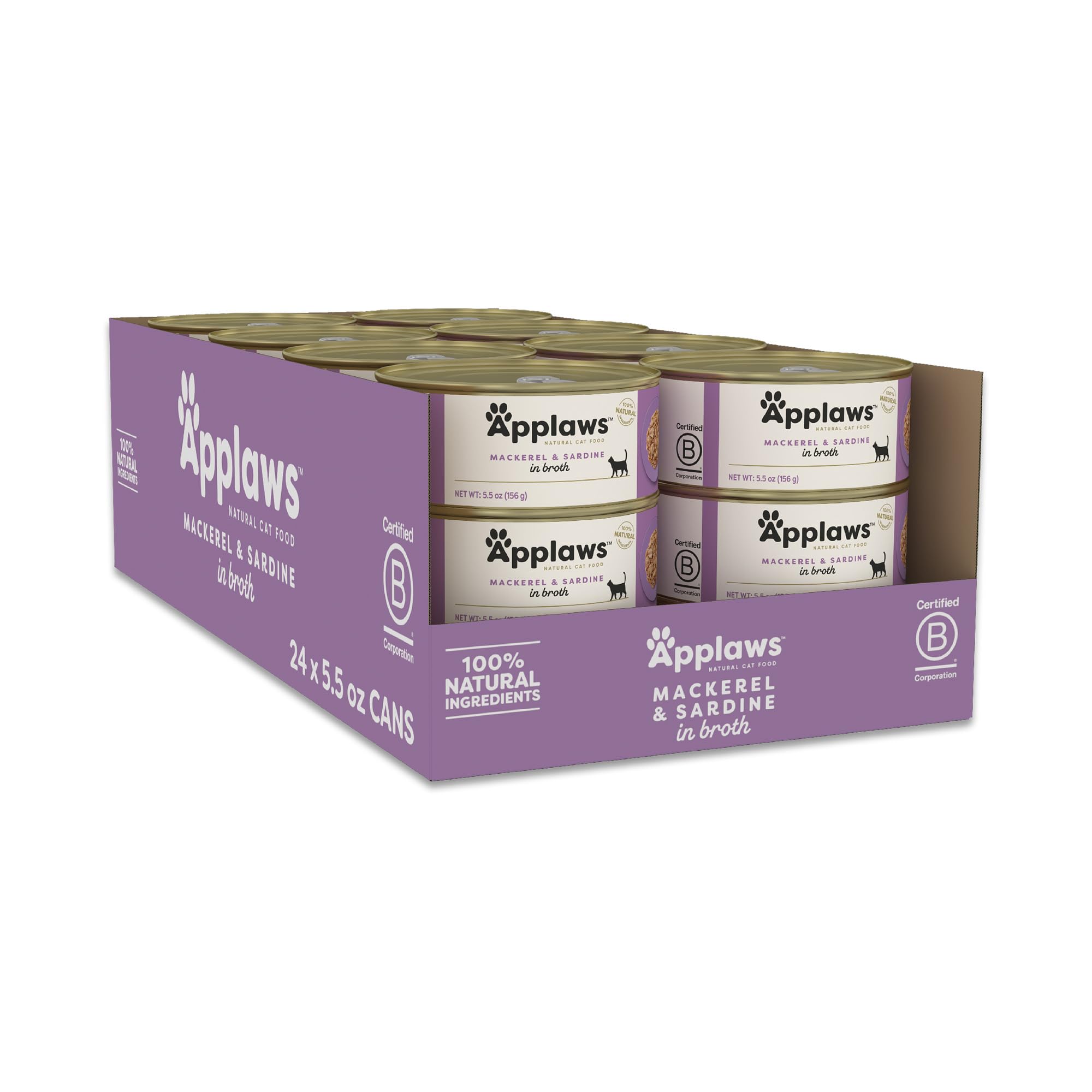 Applaws Natural Wet Canned Cat Food, Limited and Natural Ingredients, High Protein with No Artificial Additives, Mackerel & Sardine in Broth (24 x 5.5oz Cans)