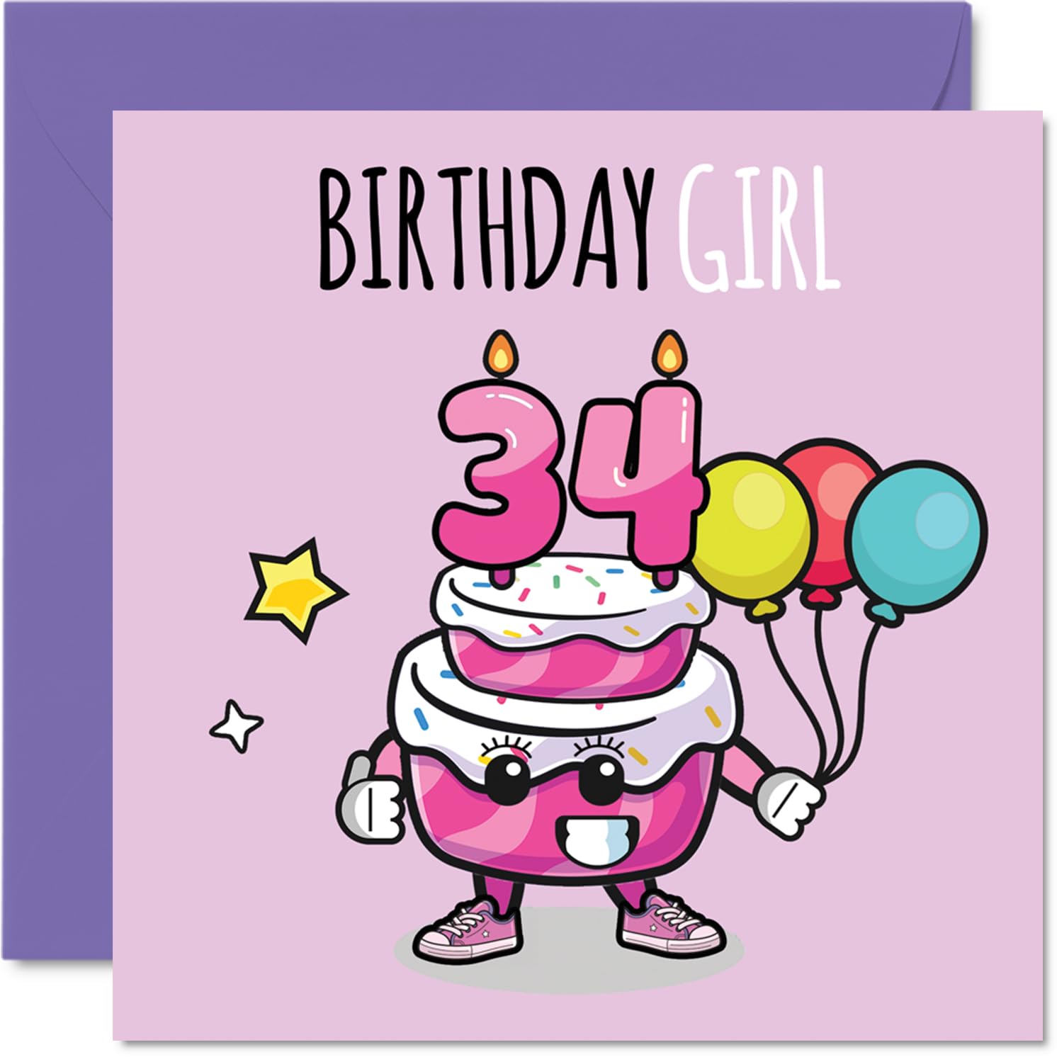 34th Birthday Cards for Women - Birthday Cake Girl Balloons - Happy Birthday Card for 34 Year Old Woman Auntie Colleague Cousin Neighbour, 145mm Bday Greeting Cards
