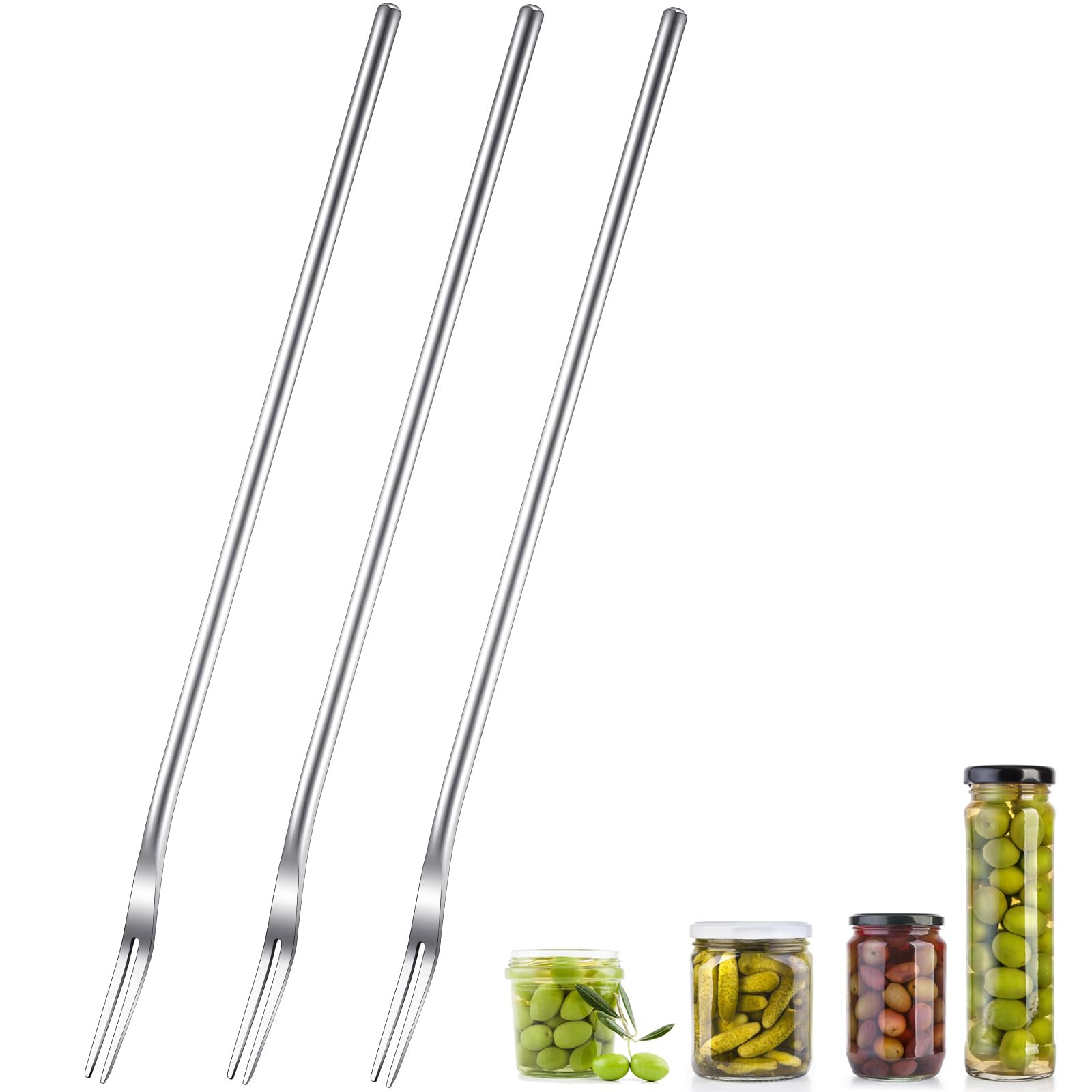 3 Pcs Pickle Fork, 8.6 Inches Long Handle Olive Fork 304 Stainless Steel Pickle Picker 2-Tine Cocktail Fork for Jar Dessert Appetizer Fruit Vegetables Salad