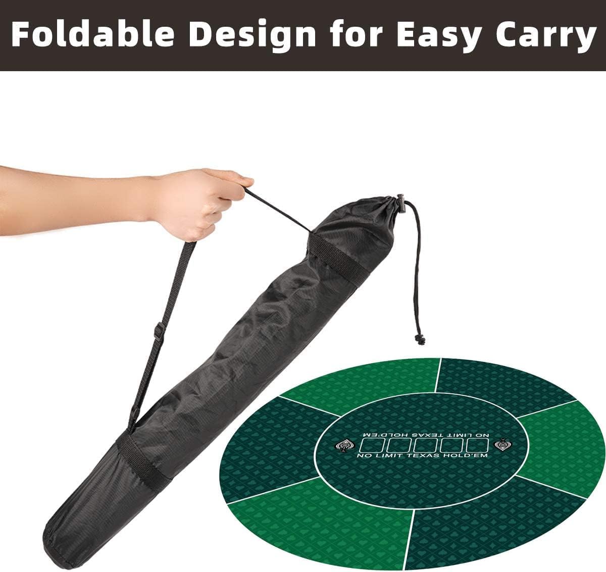 Pokermatte - Faltbare Tischmatte for Kartenspiele, tragbare runde Pokertischmatte, rutschfestes professionelles Texas Hold'em-Tischlayout, mit Faltbarer Tragetasche(Grün,120cm/47inch)