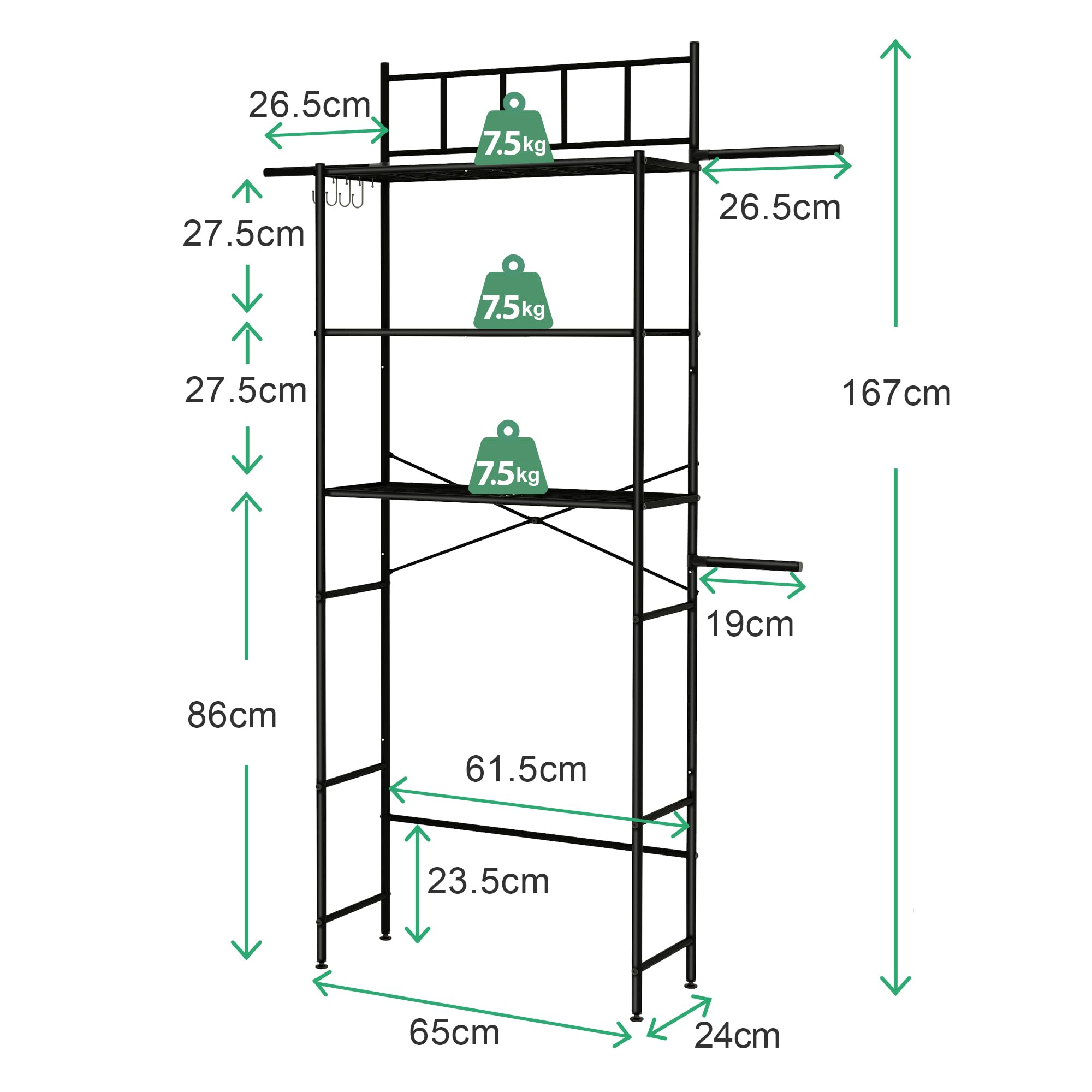 waschmaschinenschrank,Toilettenregal, 3-stufig Waschmaschinenregal, Handtuchhalter，platzsparend für das Badezimmer, über der Toilette, Metall，einfach zu montieren，65x167x24cm(Tiefschwarz)