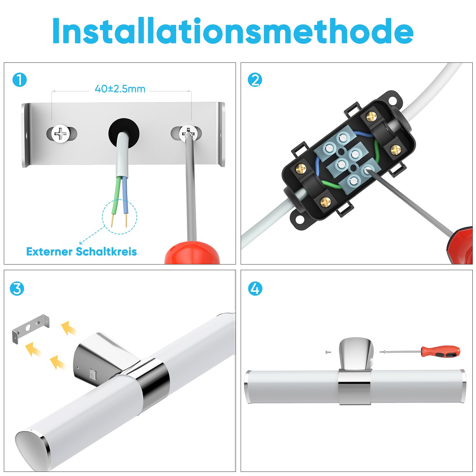 LED Spiegelleuchte Badezimmer, 8W 800Lm Wandlampe Innen über Spiegel Bad Spiegelschrank, 40CM Breit Spiegellampe, 230V, 3 Lichtfarben Modi, Nicht Dimmbar, Silber Chrom, Kein Schalter