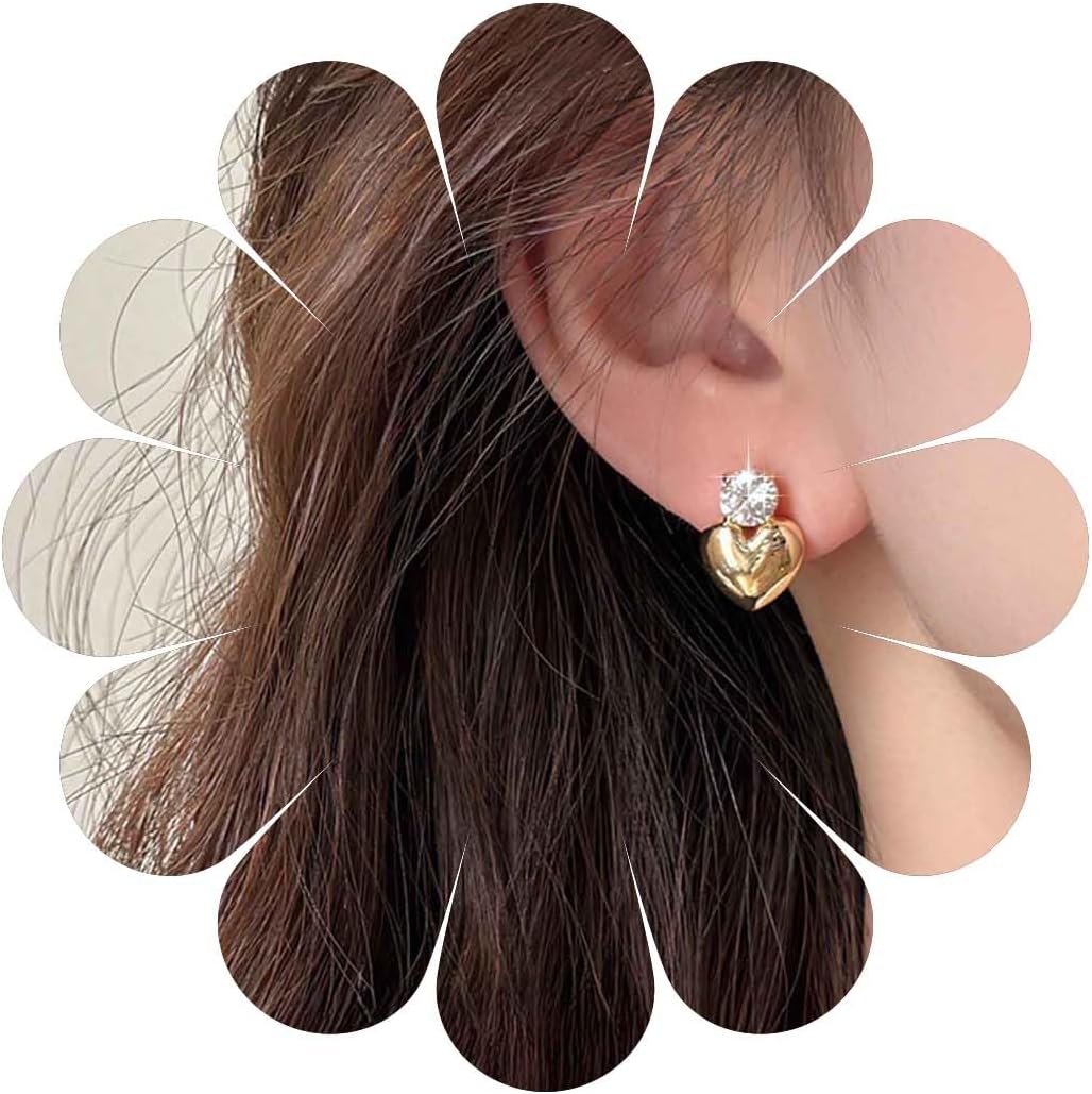 Vintage Crystal Heart Earrings Rhinestone Heart Stud Earrings Cz Love Heart Dangle Earrings Gold Heart Love Stud Earrings Jewelry for Women (Gold)